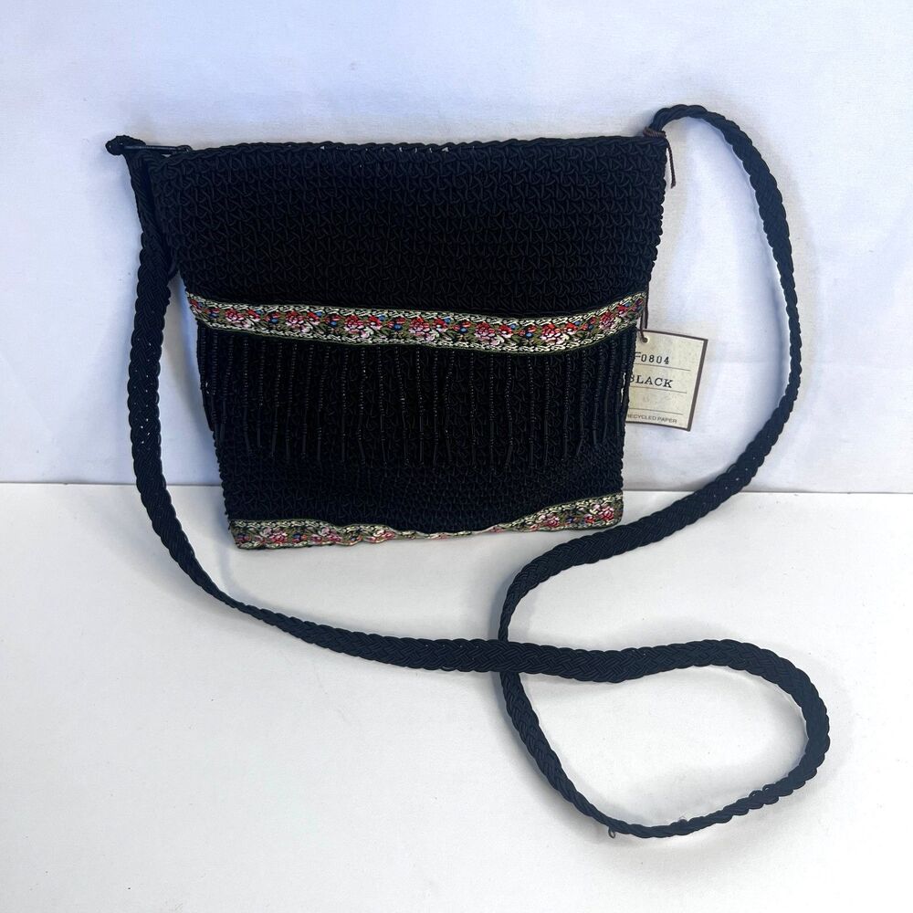 Marlo NWT Floral Embroidered Trim‎ Beaded Fringe Crossbody Bag Square Boho Black